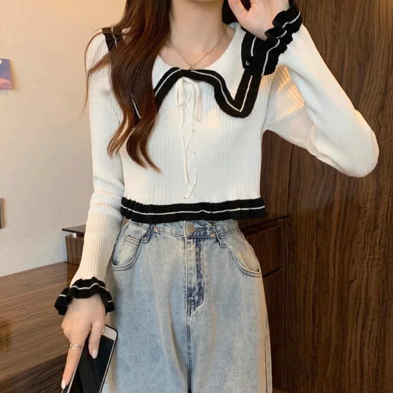 Women's Clothing 2023 Autumn and Winter New Fashion Screw Thread Lace Up Doll Neck Long Sleeve Solid Color Versatile Pullover