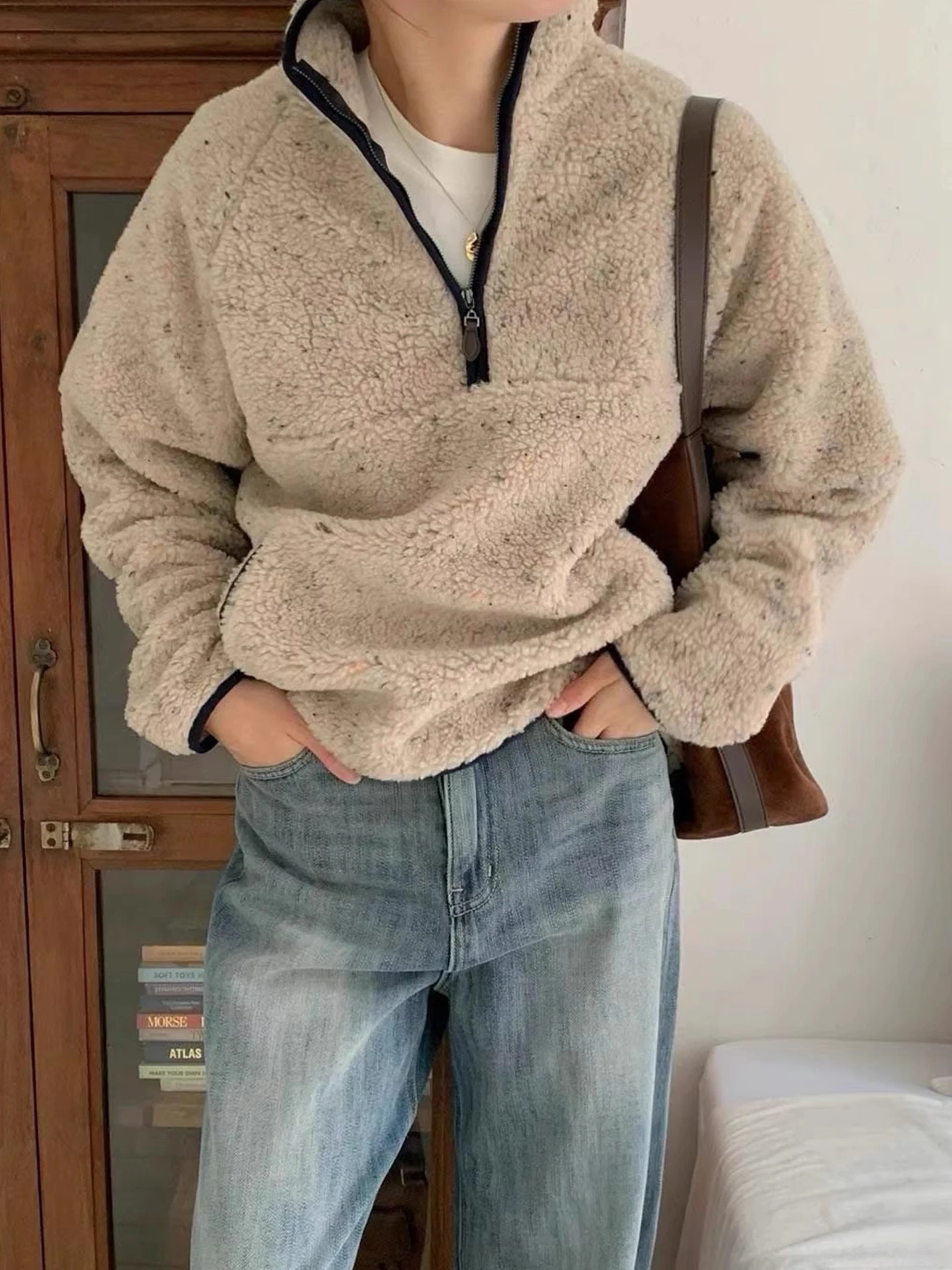 양털 후드 여성용 루즈핏 스탠드 칼라 지퍼 혼합 니트 겨울 캐주얼 탑 안티에이징 지퍼 컬러 블록 스웨터