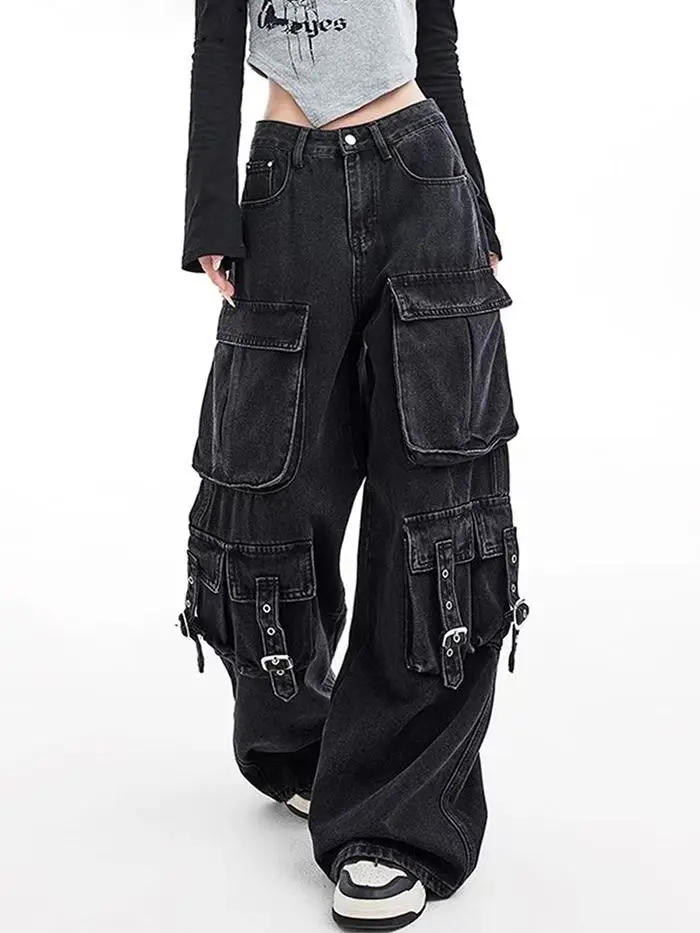 Zwarte Gothic Punk Multi-Pocket Rits Denim Jeans Mannen En Vrouwen Y2K Amerikaanse Baggy Mode Hoge Taille Losse Wijde pijpen Jeans