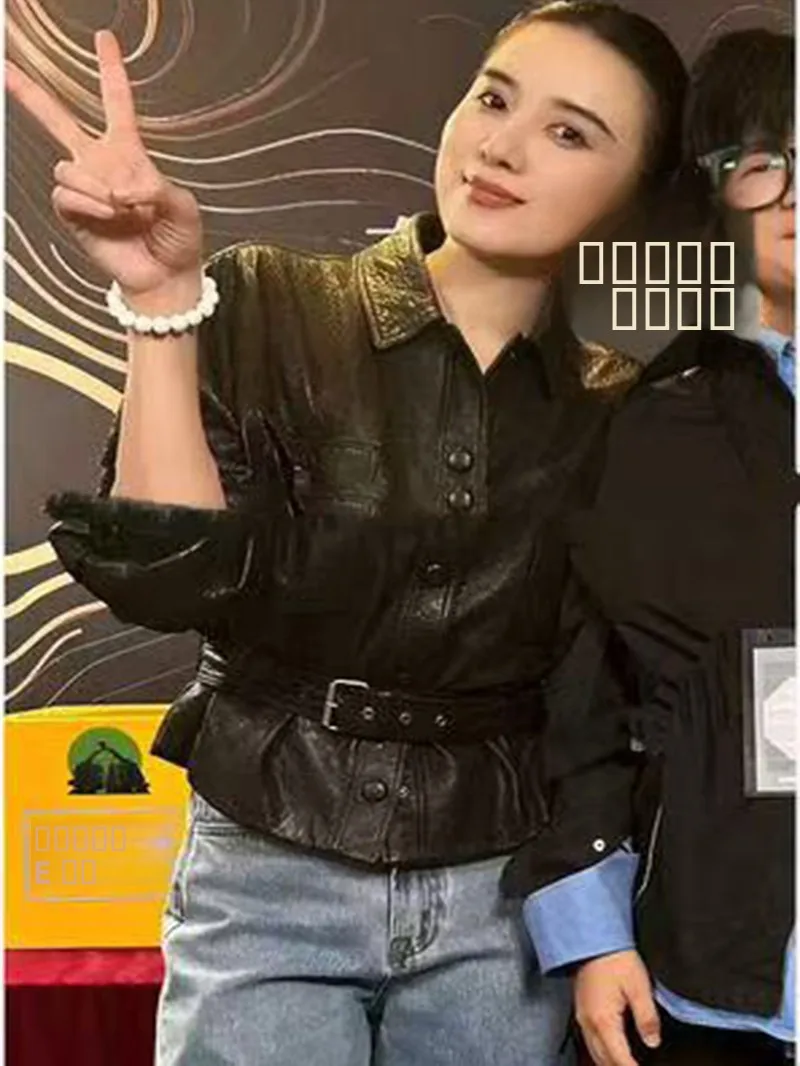 Giacca in Vera Pelle Nera da Donna, Stile Commuter, Cappotto in Pelle di Pecora, Nuova Collezione Autunnale, Taglia Piccola