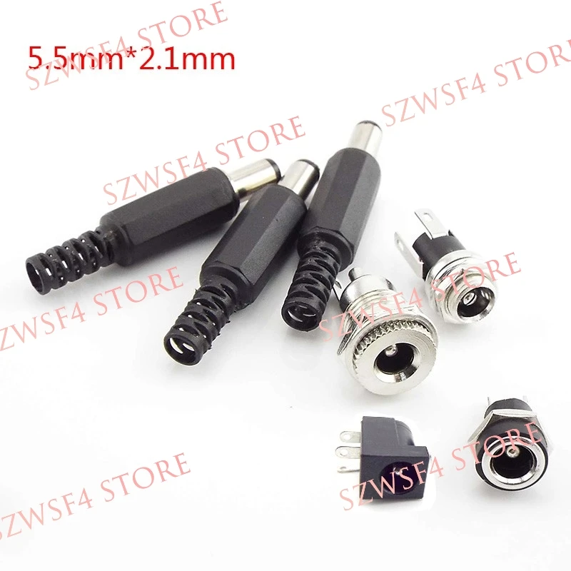 12V Plastic Male Plugs 5.5 x 2.1 mm DC Power Socket Female Jack Screw Nut Panel Mount Connector Adapter CCTV LED Strip E4