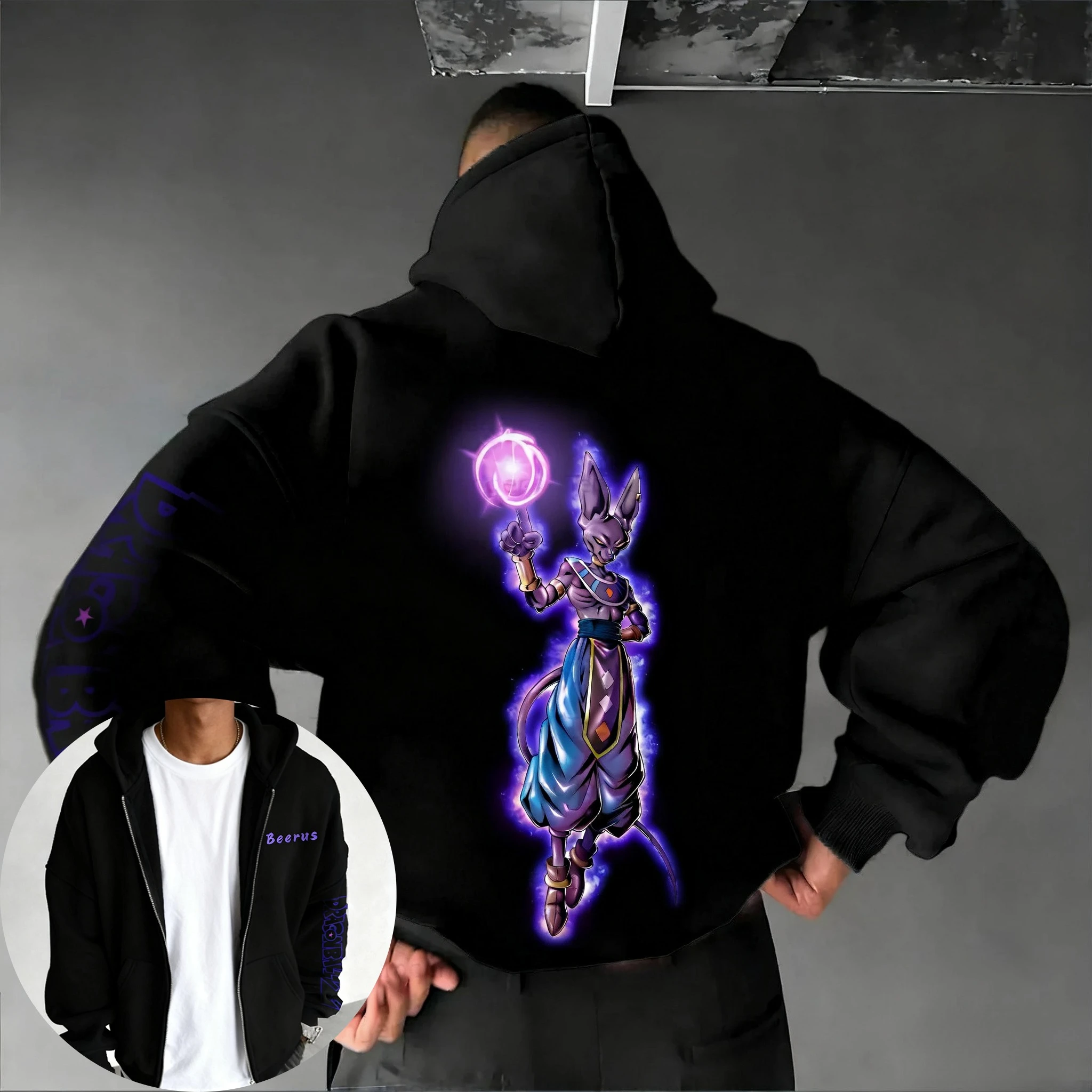

Dragon Ball Anime Co Branded Zipper Hoodie Autumn/Winter Men's New Edition Beerus Printed Harajuku Casual Loose Sweater Top
