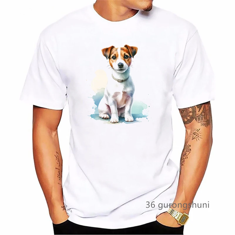 Watercolor Russell Terrier Animal Printed T Shirt Men Summer Fashion Short Sleeve Tshirt Homme Kawaii Dog T-Shirt