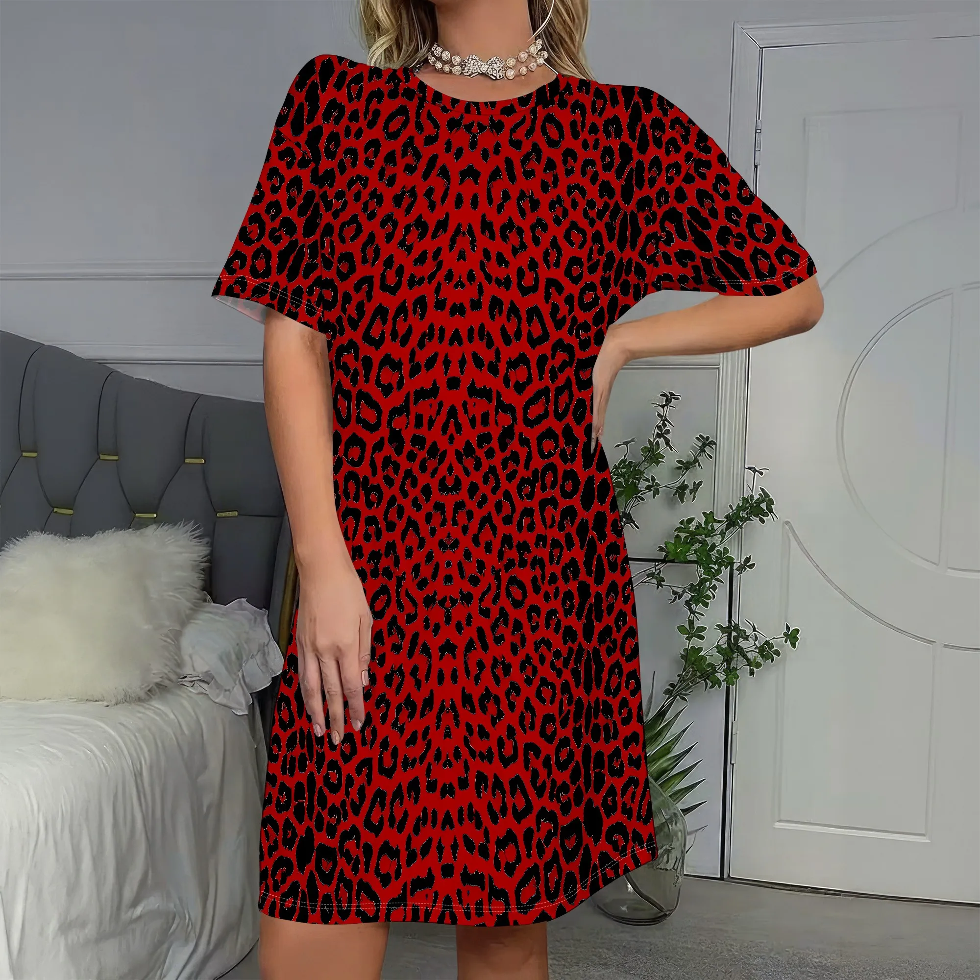 

Bold Leopard Print, Red Short Sleeve Dress, Loose Fit Tunic, Casual Summer Wear, Beach Party Outfit, S-2XL