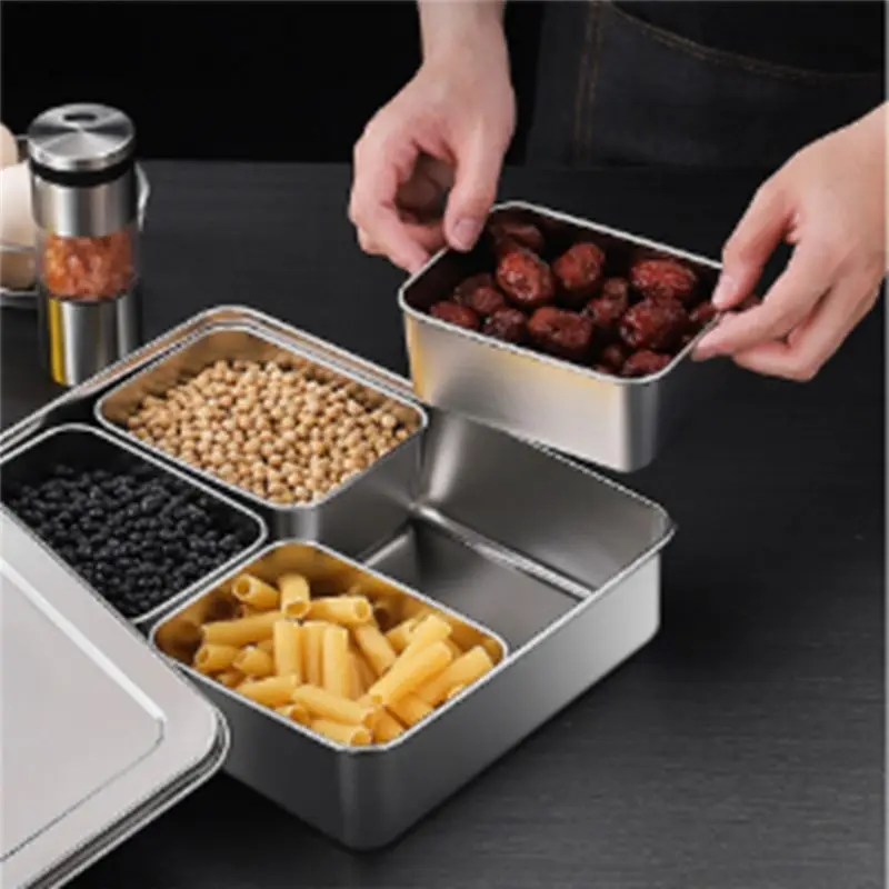 ABNL 1 Piece 4 Grids Seasoning Box With Lid Rectangle Hotel Household Spice Organizer Multifunction Kitchen Gadget Stainless Ste