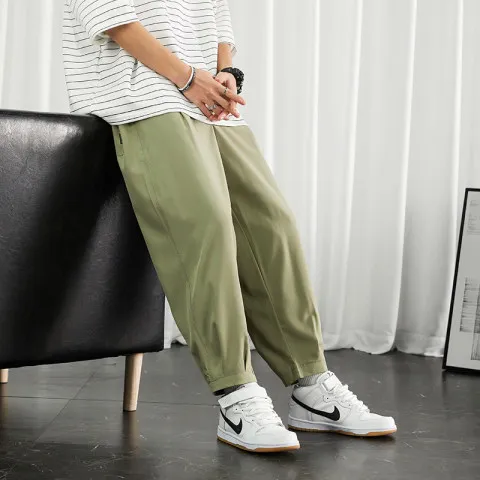 Summer thin section loose straight large size casual pants men's loose beam feet elastic waist tie ice silk nine-point pants