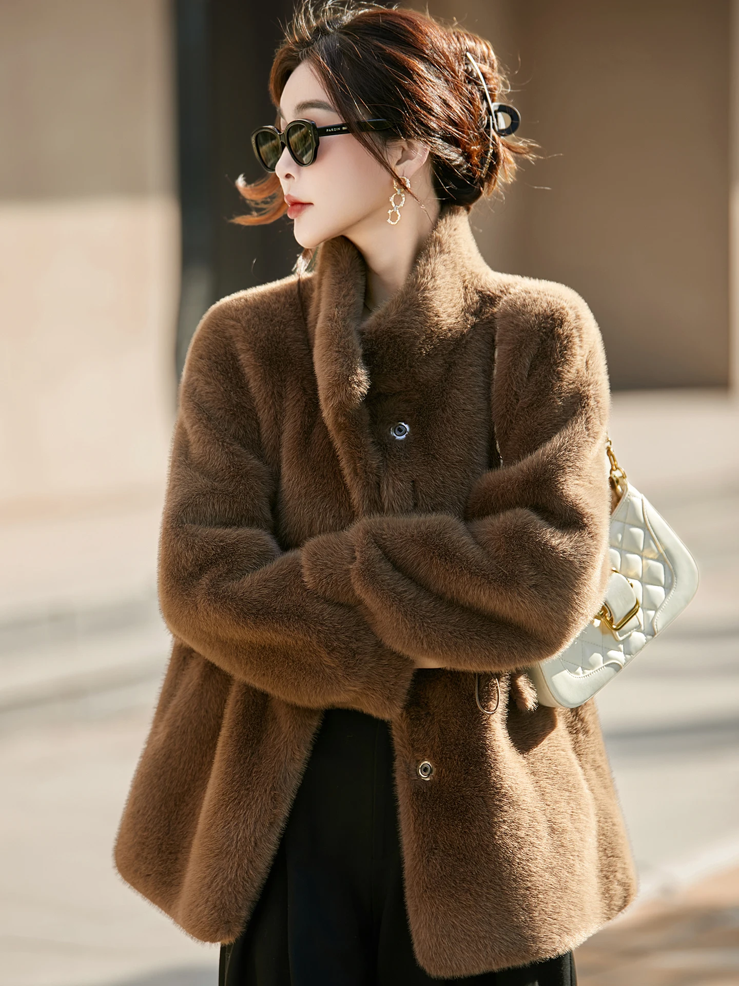Women's Thickened Woolen Knitted Coat with Drawstring Loose Fit Collarless Mink Sweater Outerwear Casual Style Mid-Length