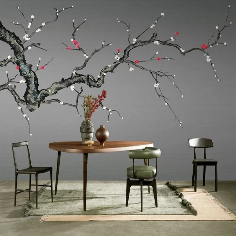 بسيطة ومبتكرة زهر البرقوق الرمادي نمط فرع التلفزيون ديكور المنزل الفاخر غرفة نوم حائط الخلفية