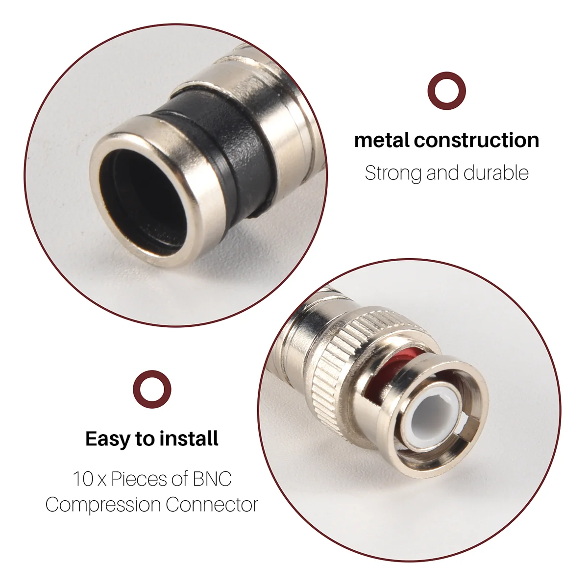 Connecteur de compression BNC pour caméras de vidéosurveillance à câble coaxial RG59, neuf, 10 pièces