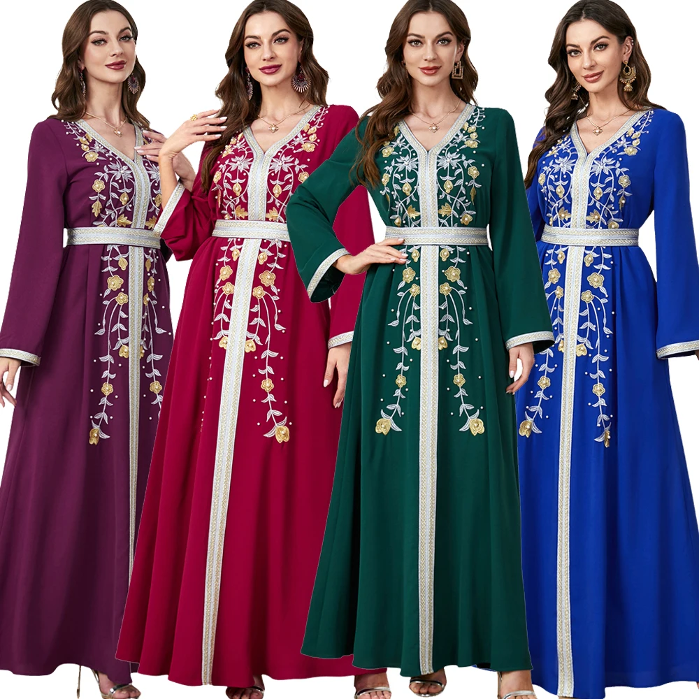 

Moroccan Abaya Women Embroidery Beads Muslim Maxi Dresses Turkey Kaftan Eid Party Ramadan Islamic Robe Dubai Vestidos Clothing