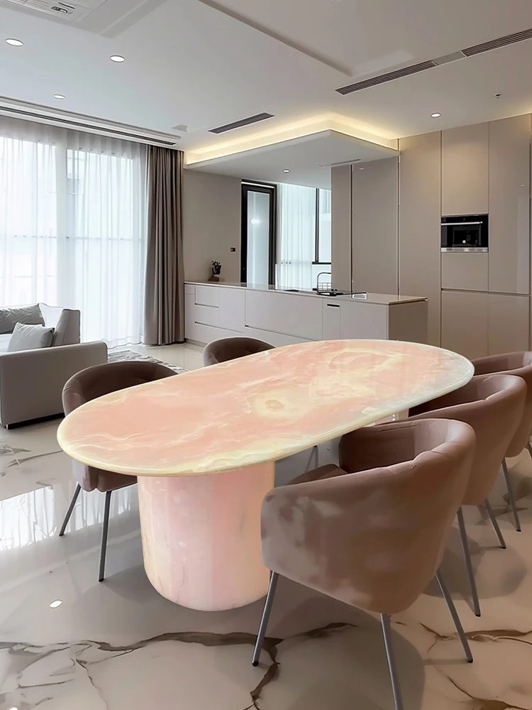 Natural marble pink dining table size unit Italian light luxury modern oval art custom high-end dining table