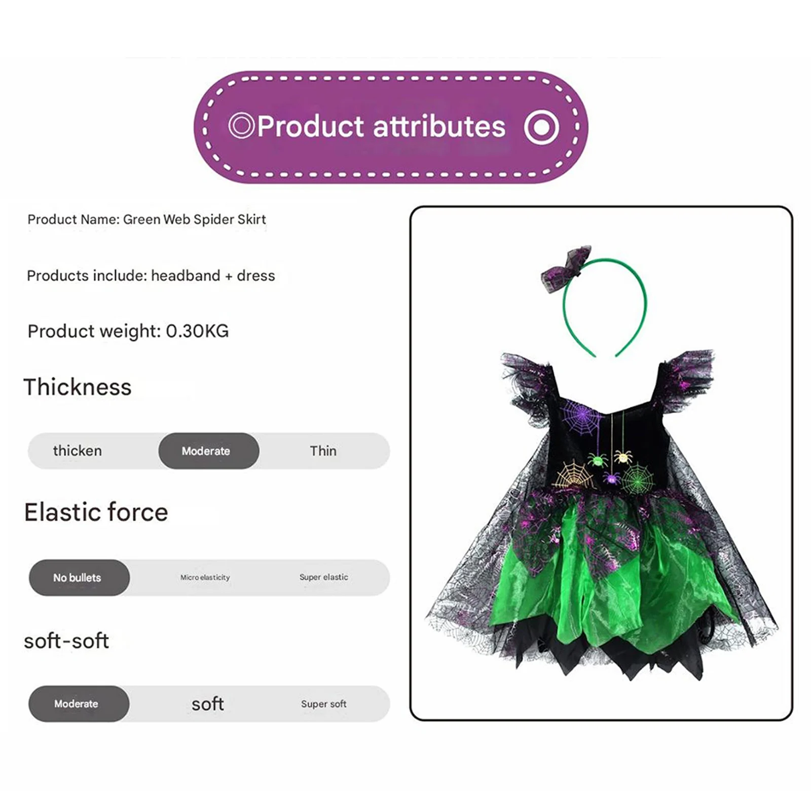 فستان فتاة الهالوين الساحرة بأكمام طائرة وطباعة شبكة العنكبوت من التول مع عصابة رأس ملابس تنكرية