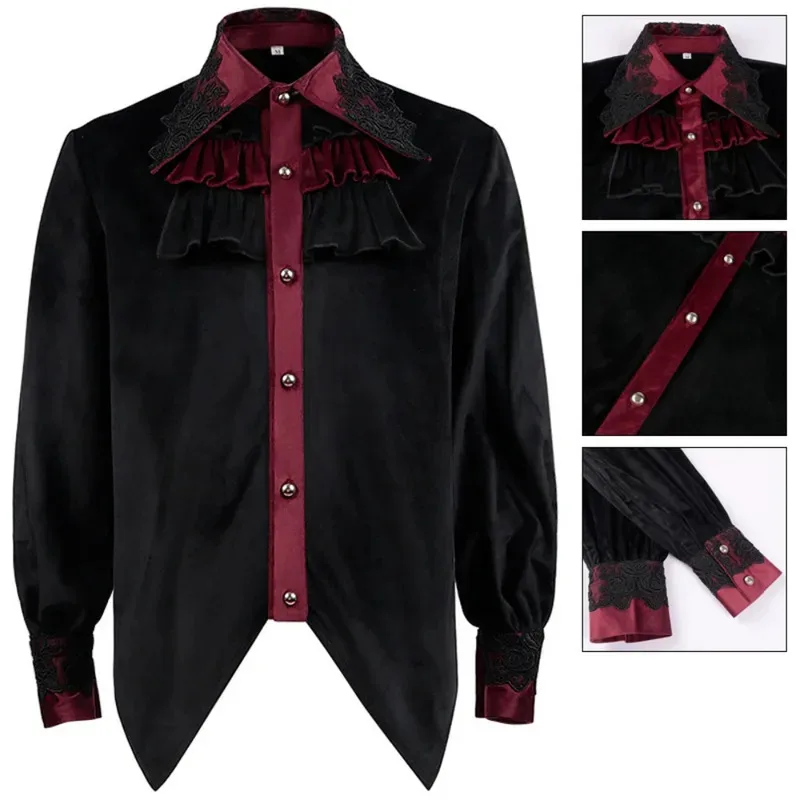 Men's Black Ruffled Medieval Pirate Long Sleeve Shirts Vampire Renaissance Victorian Steampunk Gothic Mascw;3'f,6;t.8'