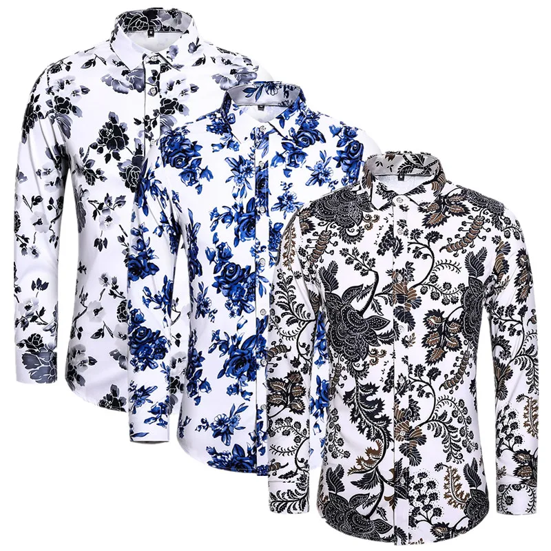 

2026 New Floral Shirt for Men Fashion Luxury Long Sleeved Shirts Lapel Tops Mens Wedding Ball Party Dresses Shirts