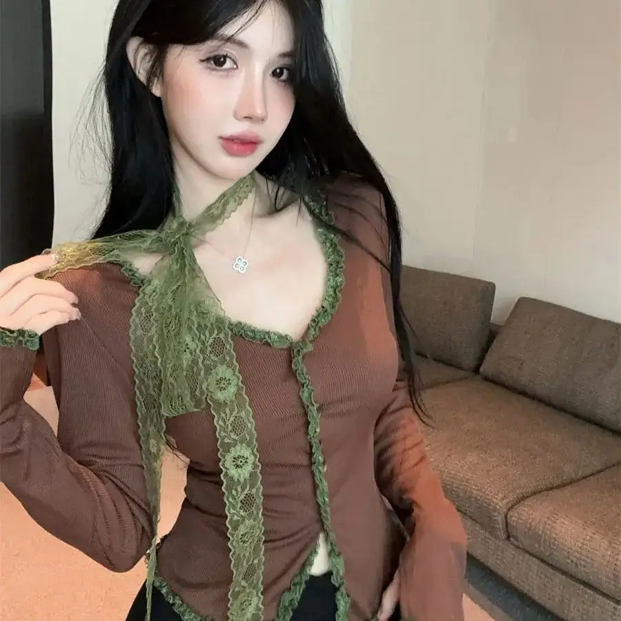 

Lace Splicing V-Neck Bottoming Shirt Retro Girly Female Autumn New Style Halter Neck Ribbon Slim Niche Long-Sleeved Top