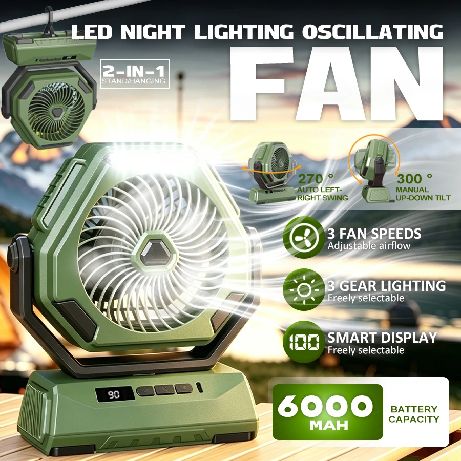 6000mAh Camping Fan, 300° Swivel, LED Screen & Light, 3-Level Brightness, Clip/Desktop/Hanging USB Fan for Tent Outdoor