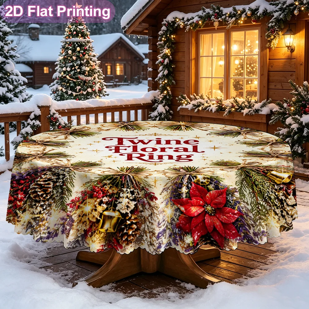 2D flat 1-piece round Christmas tablecloth with hemp rope wreath trim
