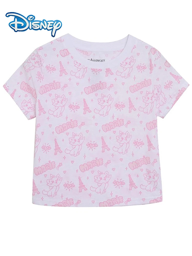 

Disney Marie Cat Letter Cartoon Print T-Shirt Cute Sweet Women Short Sleeve O-Neck Pullover Fashion Tee Tops Female Streetwear