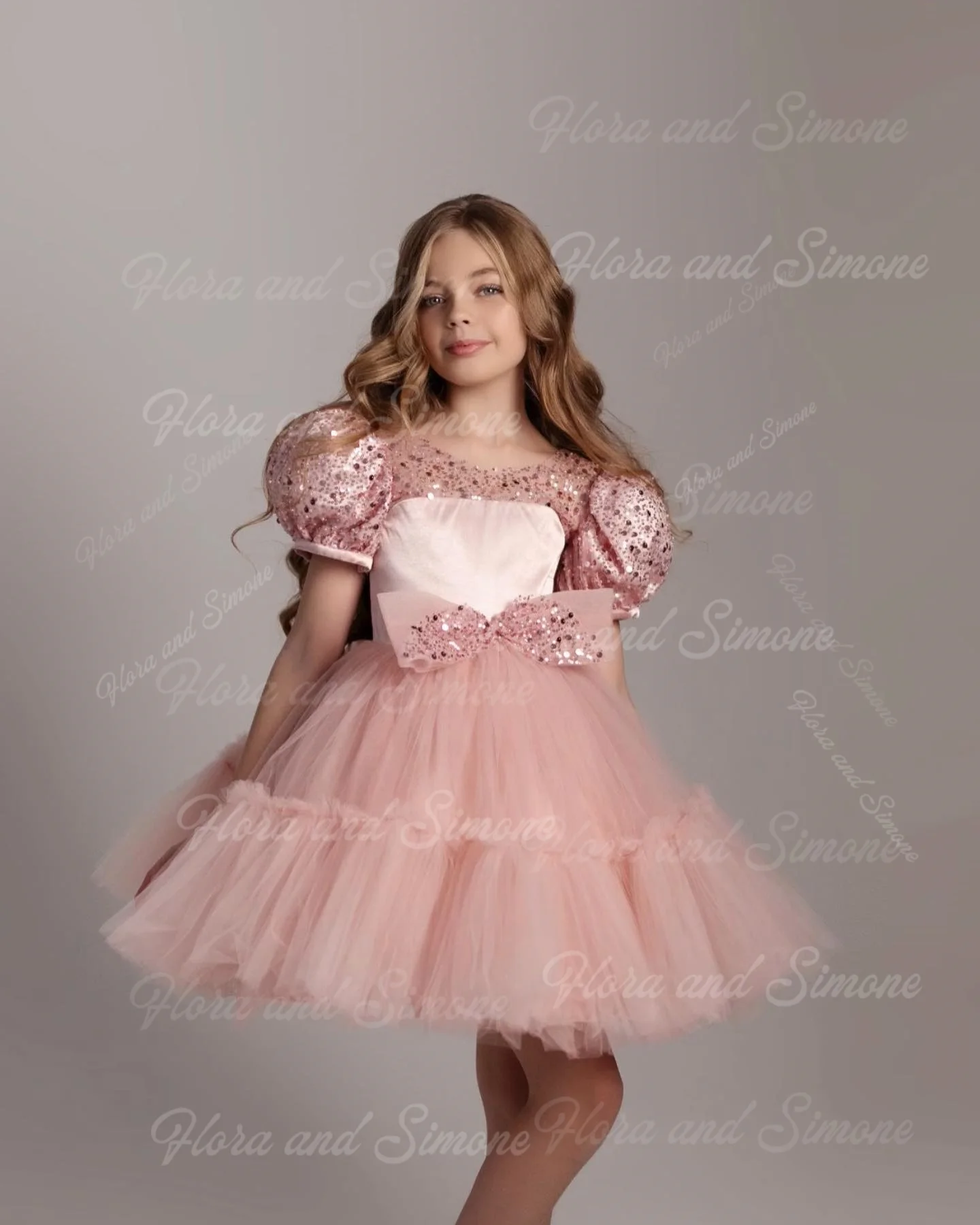 Bow Chiffon Sequin Baby Girl Mini Skirt Short Sleeves Flower Girl Dress for Dance Performances Parties Birthday Party Gifts