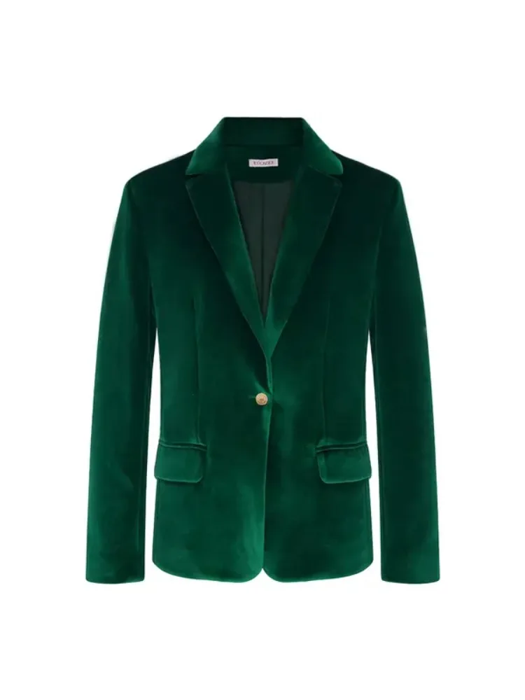 UOOZEE Women Notched Lapel Single Gold Button Velvet Blazer 2026 Autumn Solid Color Slim Fit Elegant Formal Office Suit Jacket