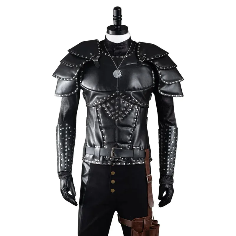 aa Bear House 002 Geralt of Rivia Cosplay Fantasia Costume Leather Jacket for Adult Man Uniform Top Pants Belt Outfit HaWAT99★★