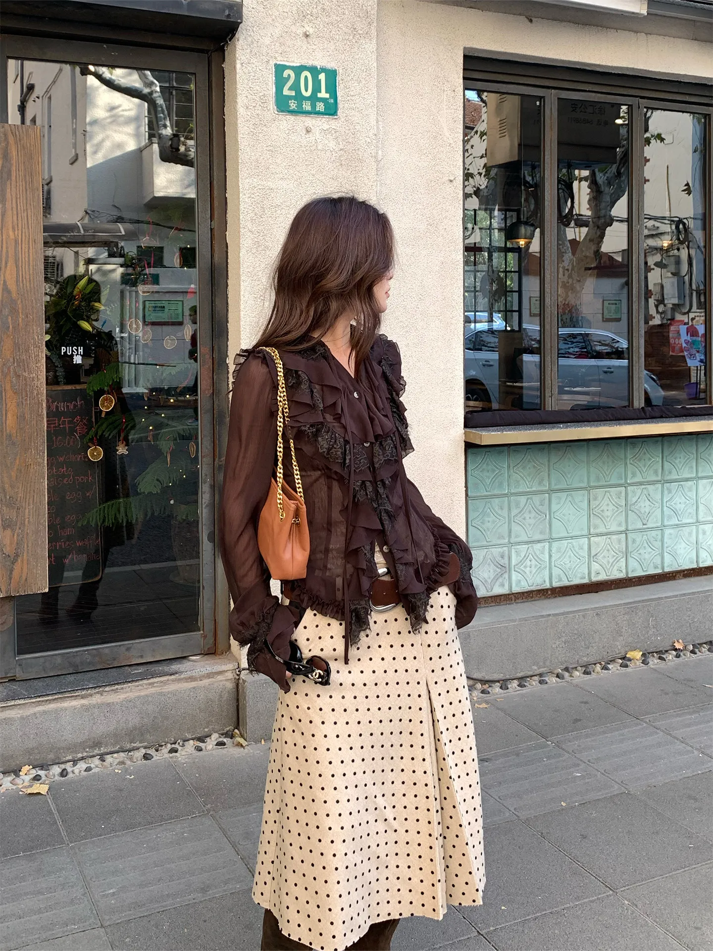 【MAR】Women French Vintage Polka Dot Midi Skirt Flocked Pleated A-Line Skirt