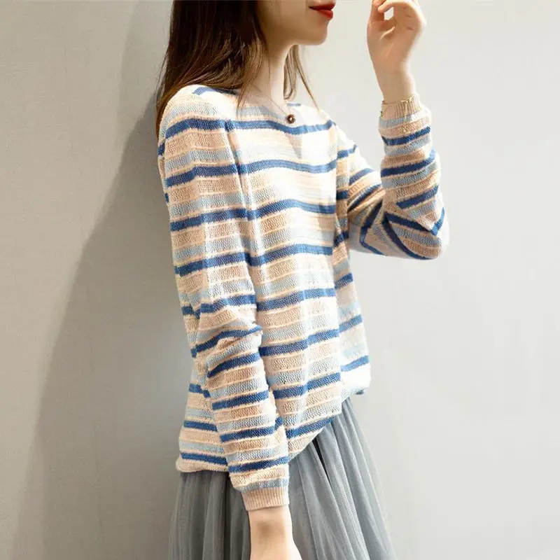 2023 Spring Autumn Women Vintage Striped Hollow Chic Knitwears Korean Fashion Round Neck Long Sleeve Loose Pullover Tops Jumpers