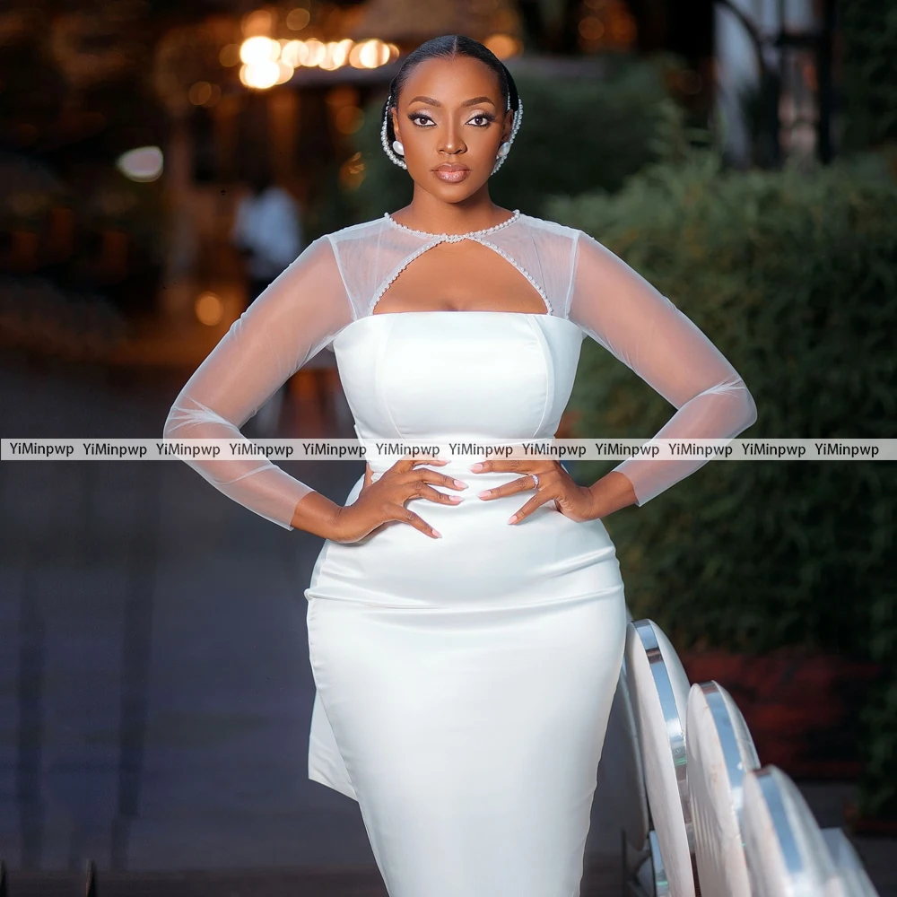 Aso Ebi Satin Wedding Dresses for Women O-Neck Beading Bow Long Sleeves Robe De Mariée Mermaid/Trumpet Party Gowns Customized