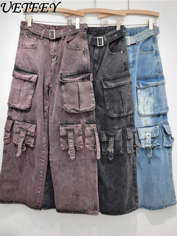 

Fashion Jeans Female 2024 Spring and Autumn Versatile Design Sense Casual Working Pant Heavy Industry Multi-Pocket Denim Pants