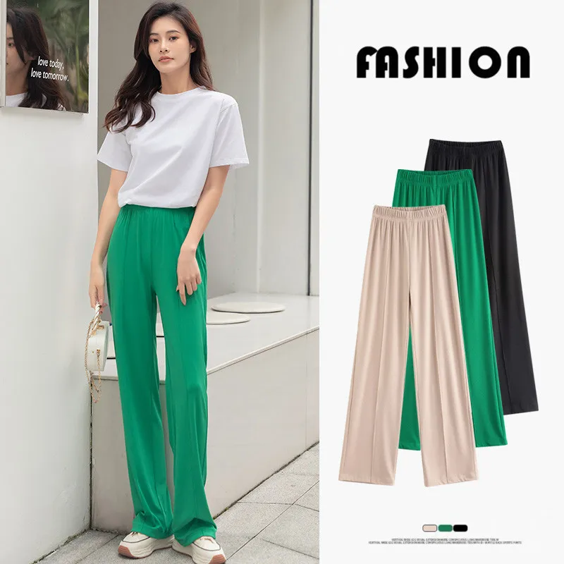 2023 Thin Loose Casual Drop Feeling Ice Silk Pants Women'S Summer Korean Fashion Trend High Waist Straight Tube Wide Leg Trouser