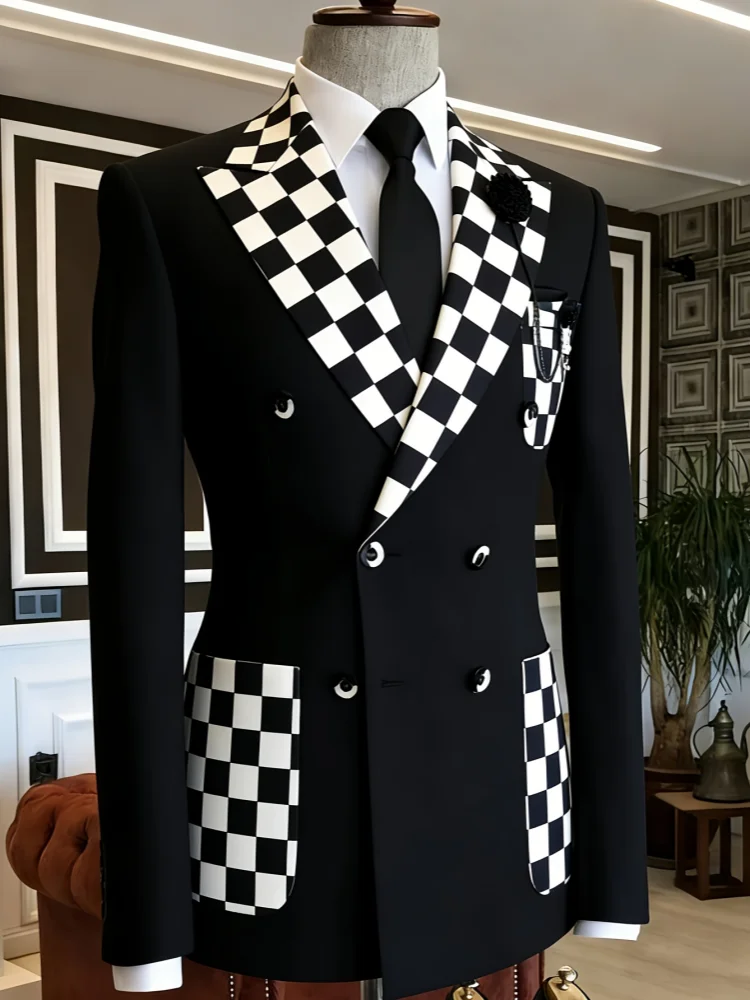 Men Black White Checkerboard Panel Peak Lapel Double‑Breasted Formal Party Blazer