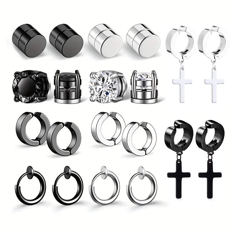 

10 Pairs Stainless Steel CZ Magnetic Fake Stud Earrings Non-pierced Cross Pendant Clip-on Hoop Earrings For Men And Women