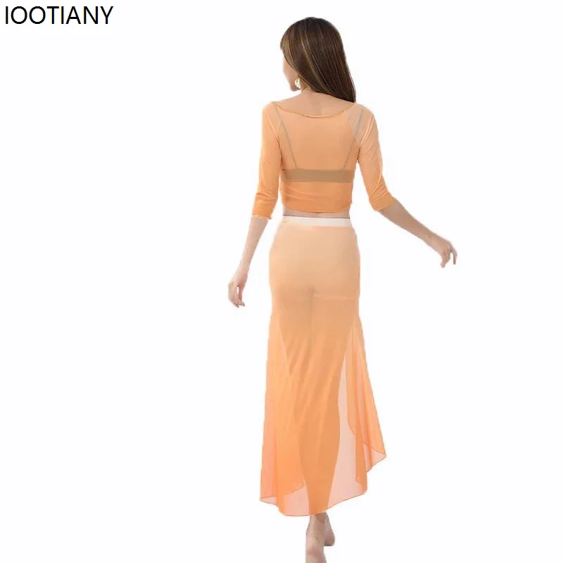 Women Sexy Belly Dance Training Clothes With Waist Chain Mid-sleeve Mesh Slit Belly Dance Top Skirt Flowing Arc Cut Dance Suit