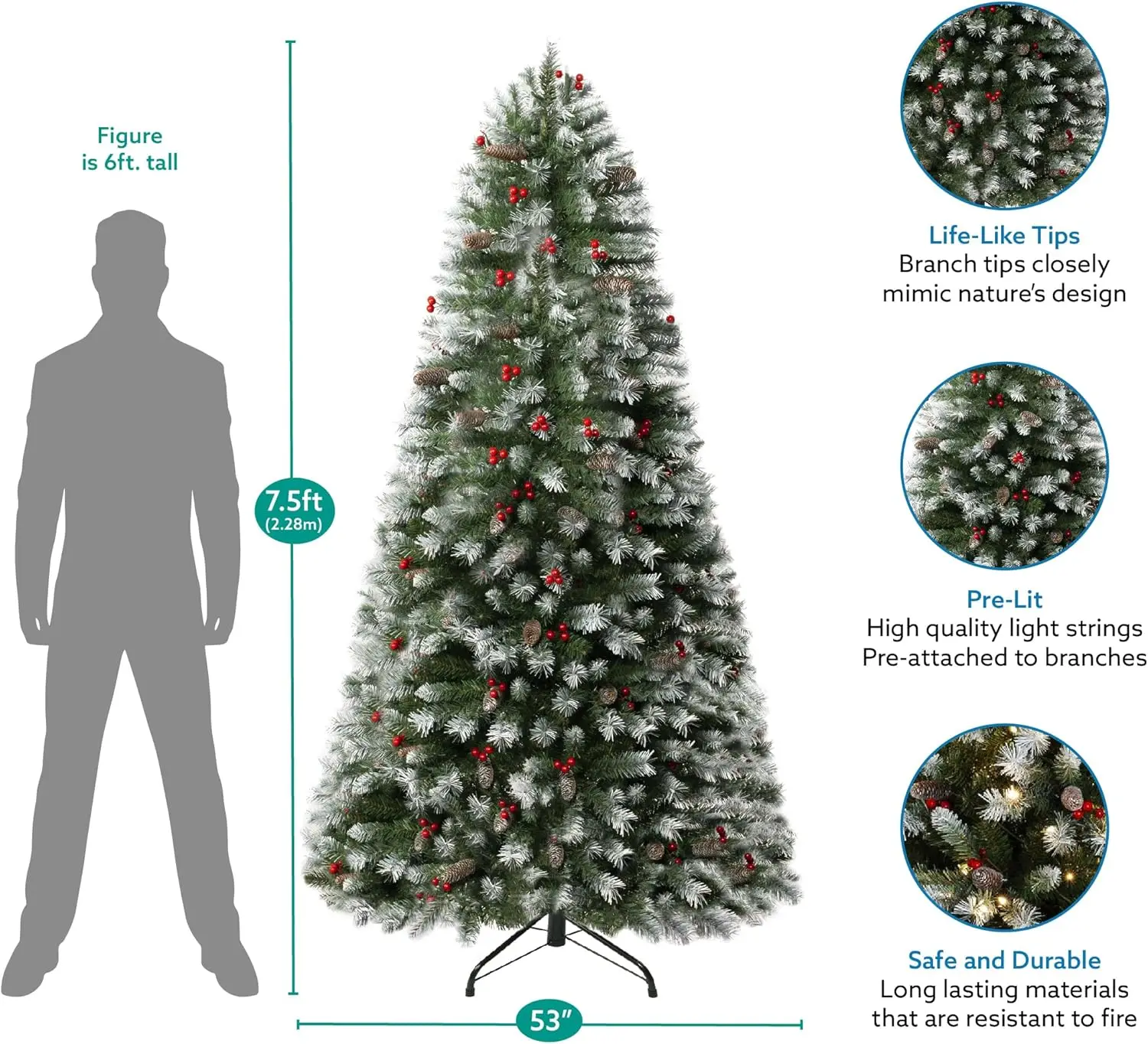 7.5ft Frosted Prelit Artificial Christmas Tree with Pine Cones,Faux Berries, Foot Pedal, 1346 Branch Tips,550 Warm Lights