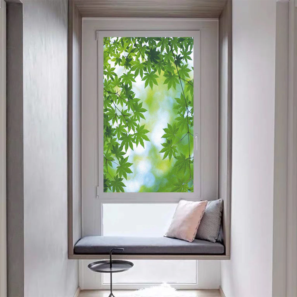 Window Glass Privacy Frosted Film Green Leaf Pattern Window Decorative Stickers No Glue Removable Heat Control Glass Door Flim