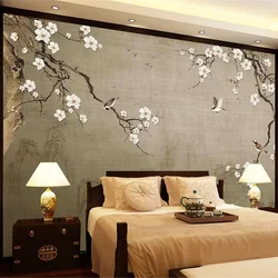 Papel tapiz Vintage 3D pintado a mano estilo chino flor de ciruelo pájaro foto Mural de pared sala de estar TV sofá telón de fondo papel tapiz