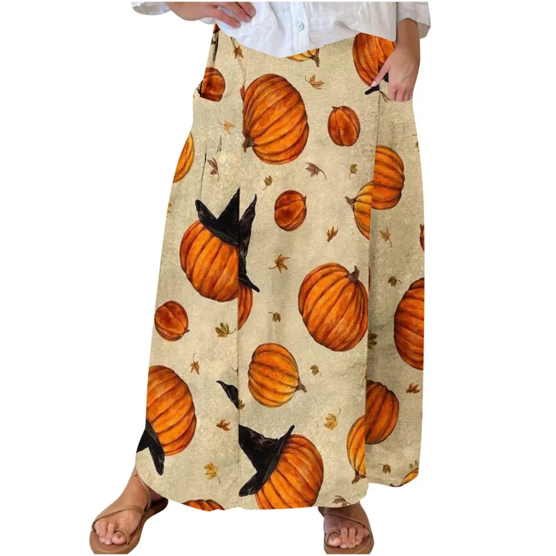 2024 Mode Damen Halloween Kürbis Print lässig Taschen kleid