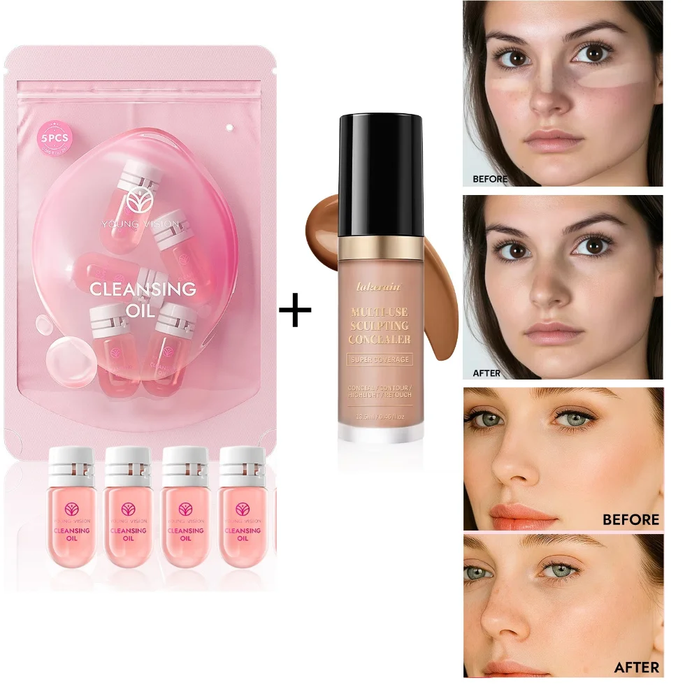 Lakerain خافي عيوب البشرة بخمسة ألوان + مجموعة مزيل المكياج بلمسة نهائية طبيعية يضيء البشرة ويغطي الهالات السوداء وزيت مزيل المكياج