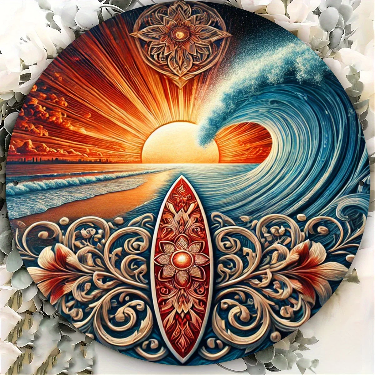 Metal Sign Wall Decor for Home Coffee Shop, High Definition Round Surfboard Art Signage