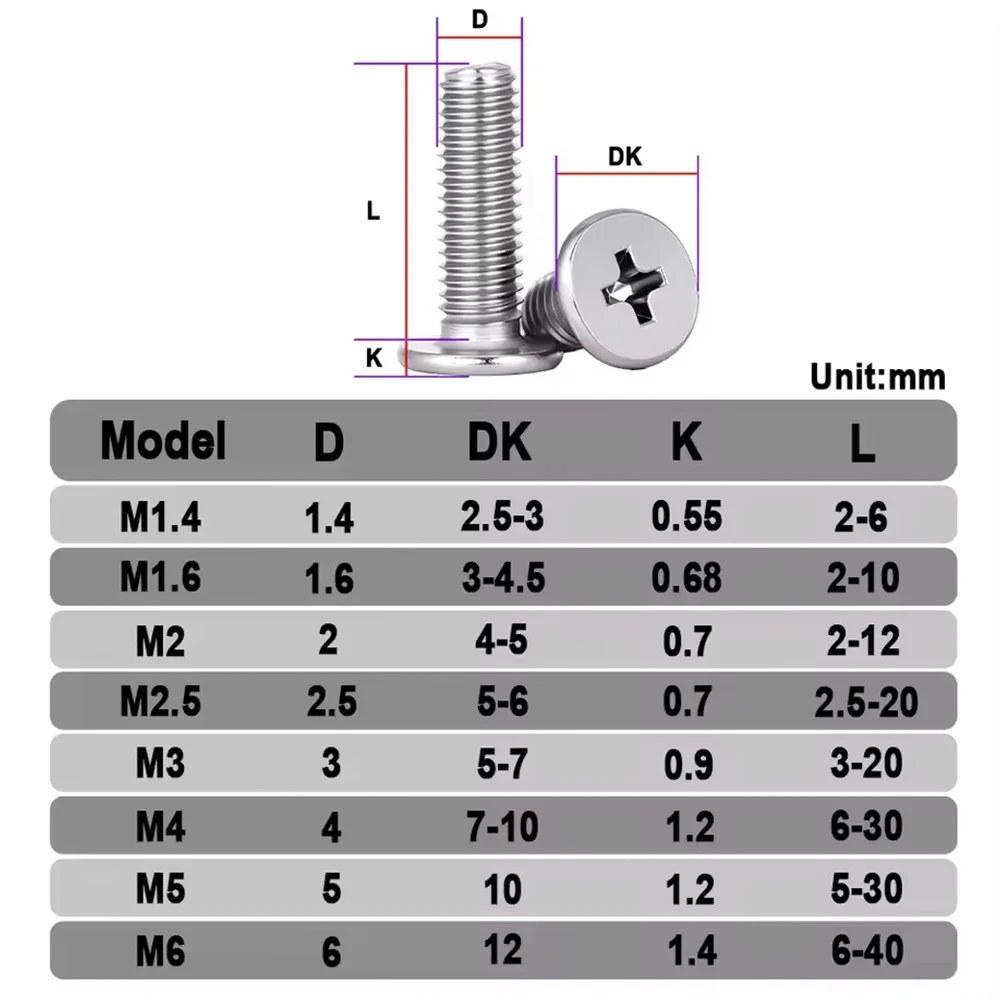 30/50pcs Phillips Ultra Thin Flat Head Screw M1.4 M1.6 M2 M2.5 M3 M4 M5 M6 304 Stainless Steel CM Cross Super Low Flat Head Bolt