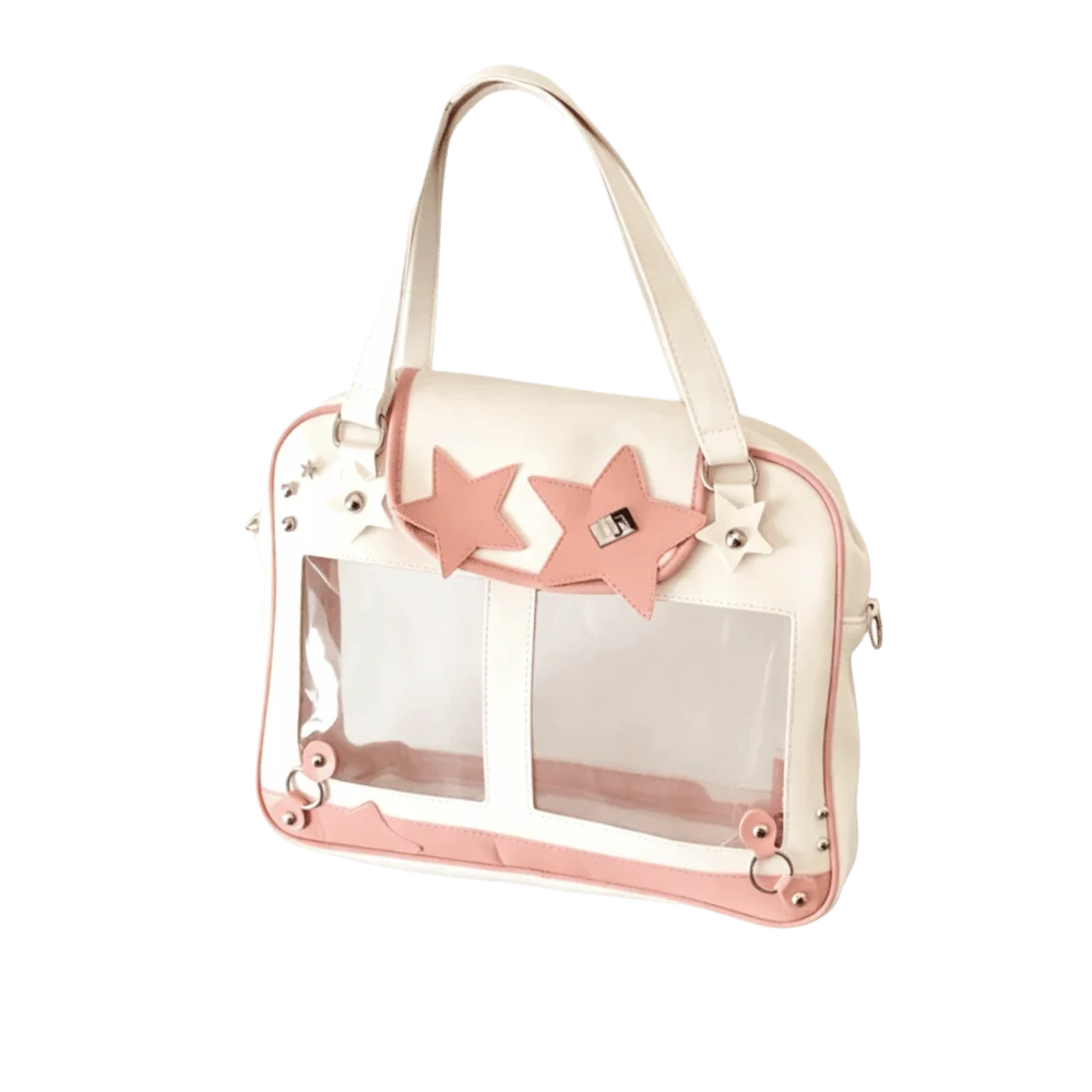 

Y2K Star Rivet Ita Bag PU Transparent Leather Lolita Shoulder Bag Large Capacity Contrasting Color Design Tote Bag School