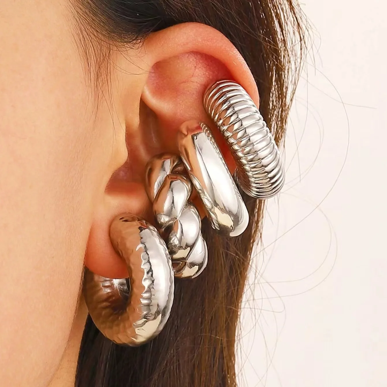 4Pc/set Vintage Geometric Clip Earring Women Trendy Glossy C Shape No Piercing Fake Cartilage Ear Cuff Jewelry Accessories