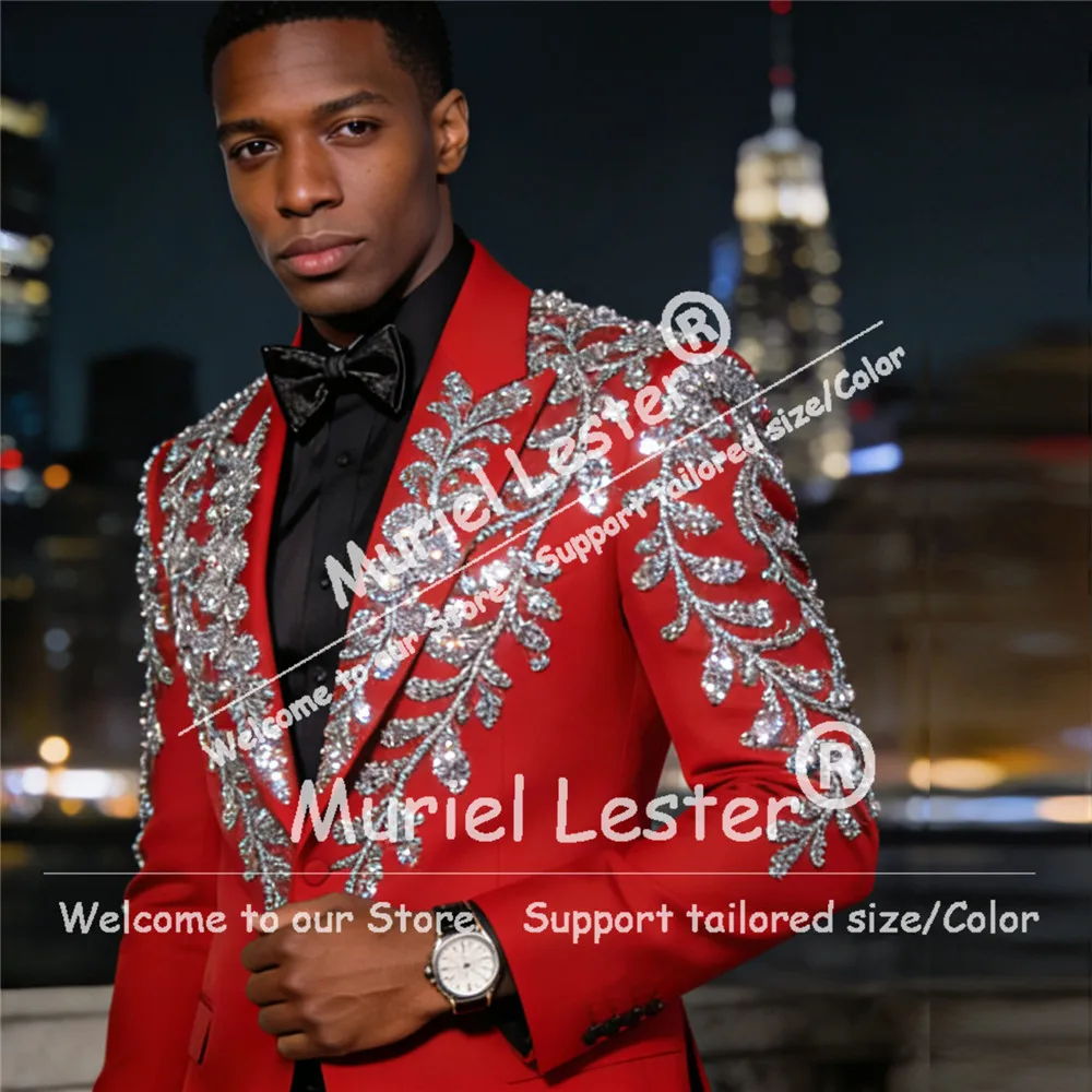 لامع مطرز الأحجار دعوى الرجال لحفل الزفاف الفاخرة واحدة الصدر سترة السراويل 2 قطعة مجموعة العريس البدلات الرسمية وتتسابق Ropa Hombre