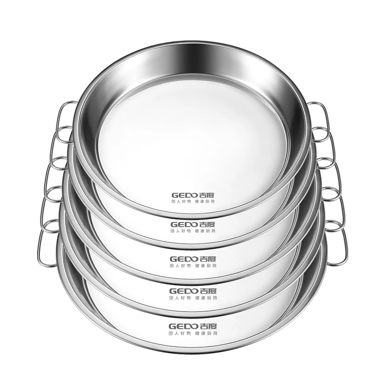 

LFGB Certification 304 Stainless Steel Round Dish Ultra Thick Plate with Side Handles 24~32cm Diameter Food Basin Dinnerware