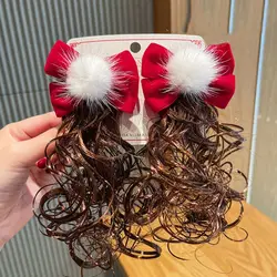 2pcs Baby Wig Hairpin Cute Kids Headwear Children's Bow Wig Fluffy Curly Red Bowknot Hairclip New Year Festivel