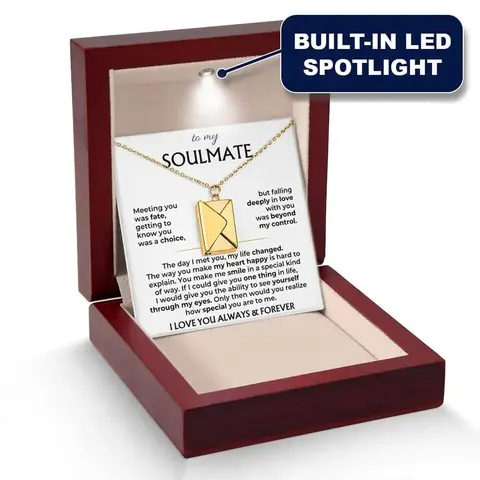 To My Soulmate Envelope Necklace With Flap Wooden Box For Girlfriend Birthday Mother's Day Valentine's Day Christmas Gifts