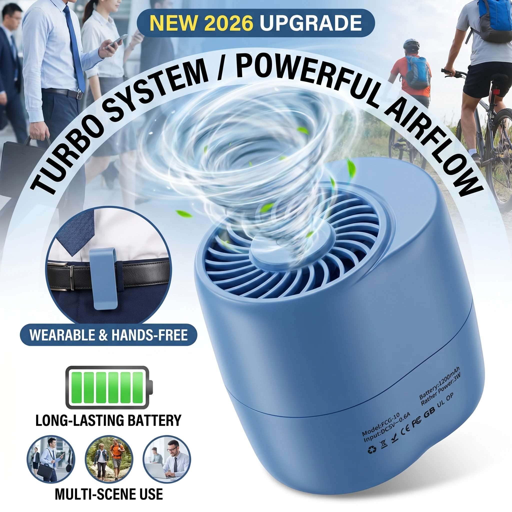 

2026 New Upgrade Rechargeable Portable Waist Clip Fan 3 Speed Turbofan 360° Adjustable Neck Design Strong Wind For Outdoor