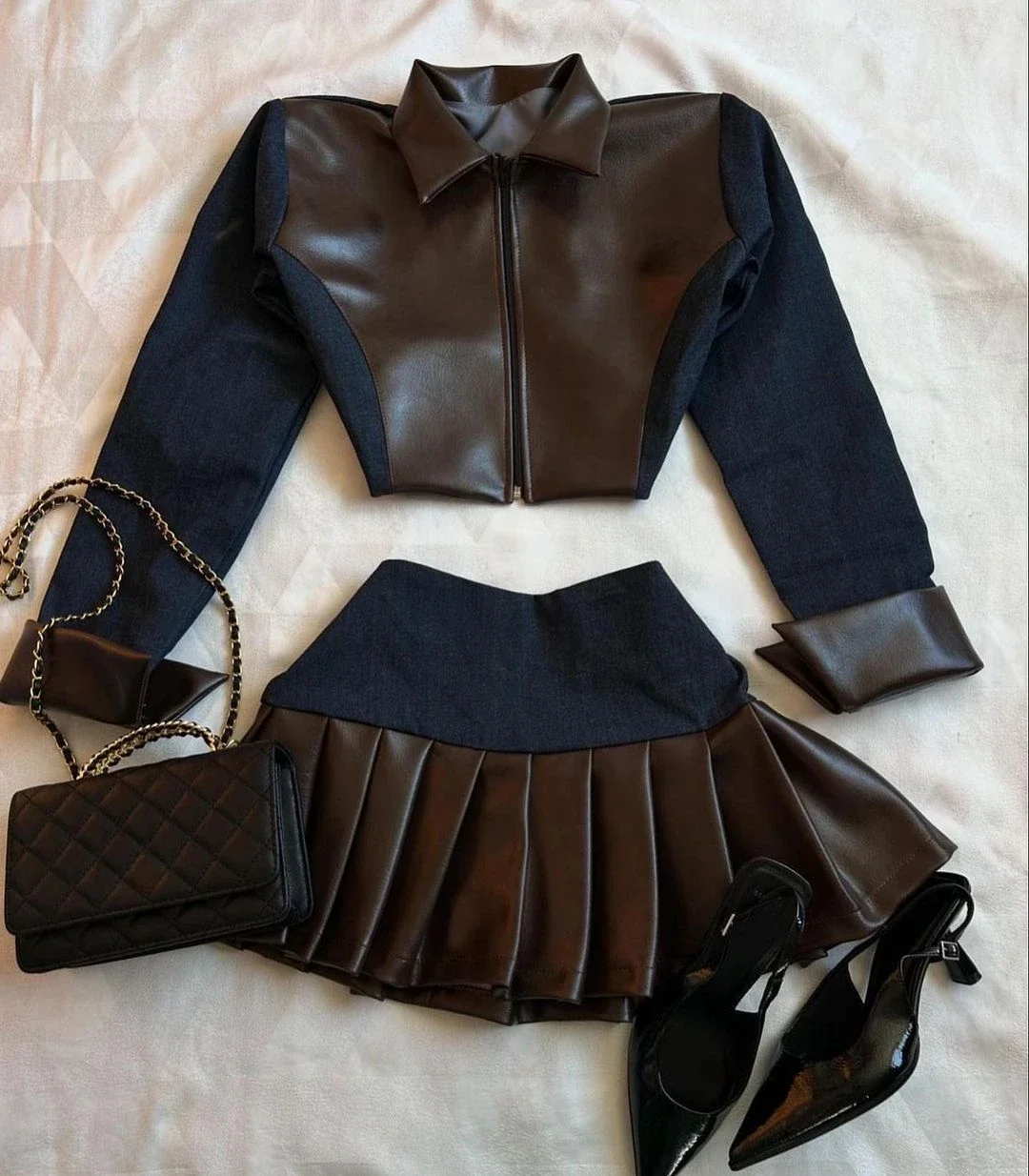 Gothic Fashion Leather Patchwork Two Piece Clothing Set Women Hot Sweetheart Harajuku Gothic Leather Jacket Casual Skirt Set