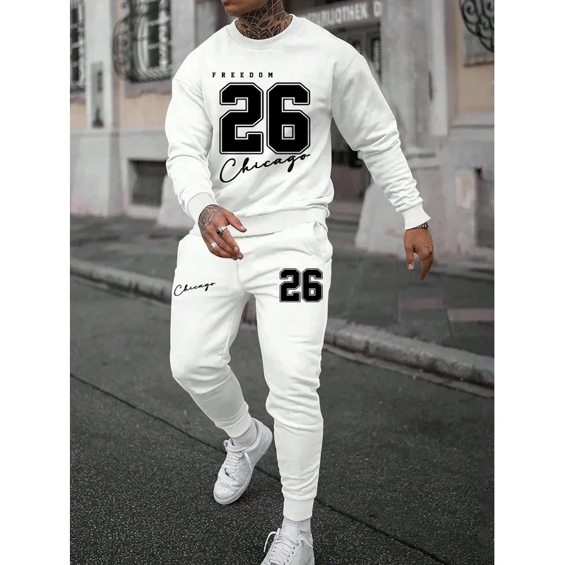 

Autumn Trendy New Sweatshirt Sweatpants Set Men's Loose Casual Fit Printed Hundred Long Sleeve Sweatshirt 2 piecesSet
