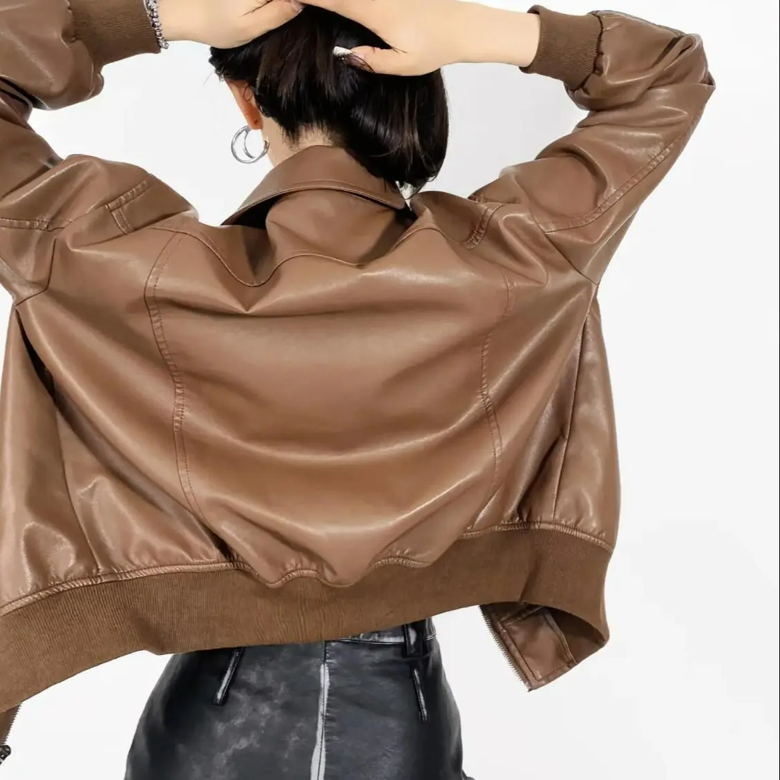 2023 American Retro COOL Women Vintage PU Leather Jacket Fashion Zipper Full  Sleeve Coat Loose Short Outwear Black Brown